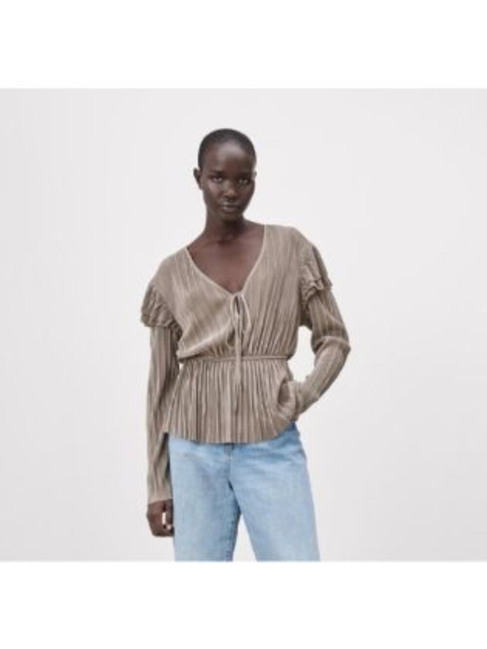 Zara Metallic Pleated Tie-Front Long Sleeve Blouse